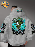 Le Yitong Big Mouth Monster The Devil Flame Print Hoodie, with Sleeve Print Design, Kangaroo Pouch And Drawstring Hood, Suitable for Autumn/Winter Casual Wear And Outdoor Activities - Grey