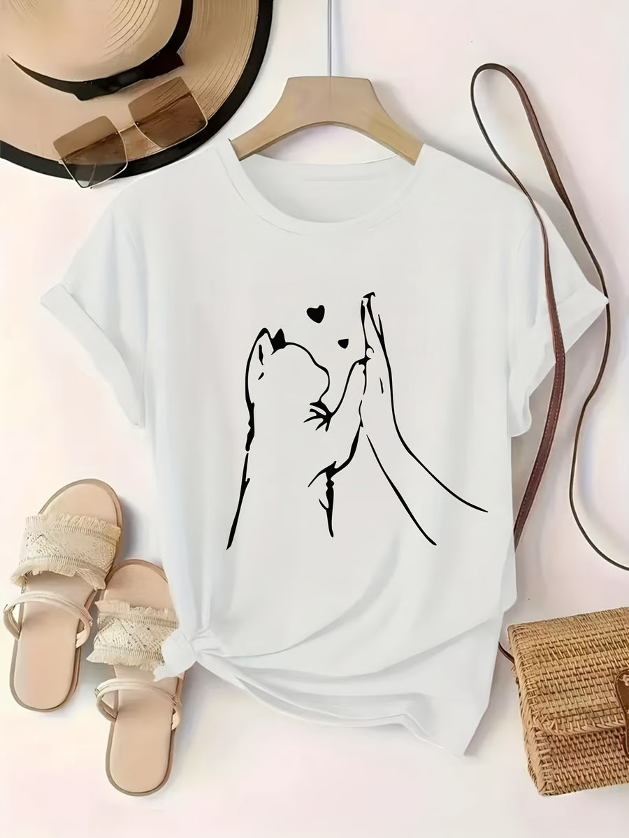 Women'S Fashion Pattern Printed T-Shirt, Round Neck Top, Casual Short Sleeve Top, Comfortable And Soft Knitwear - White