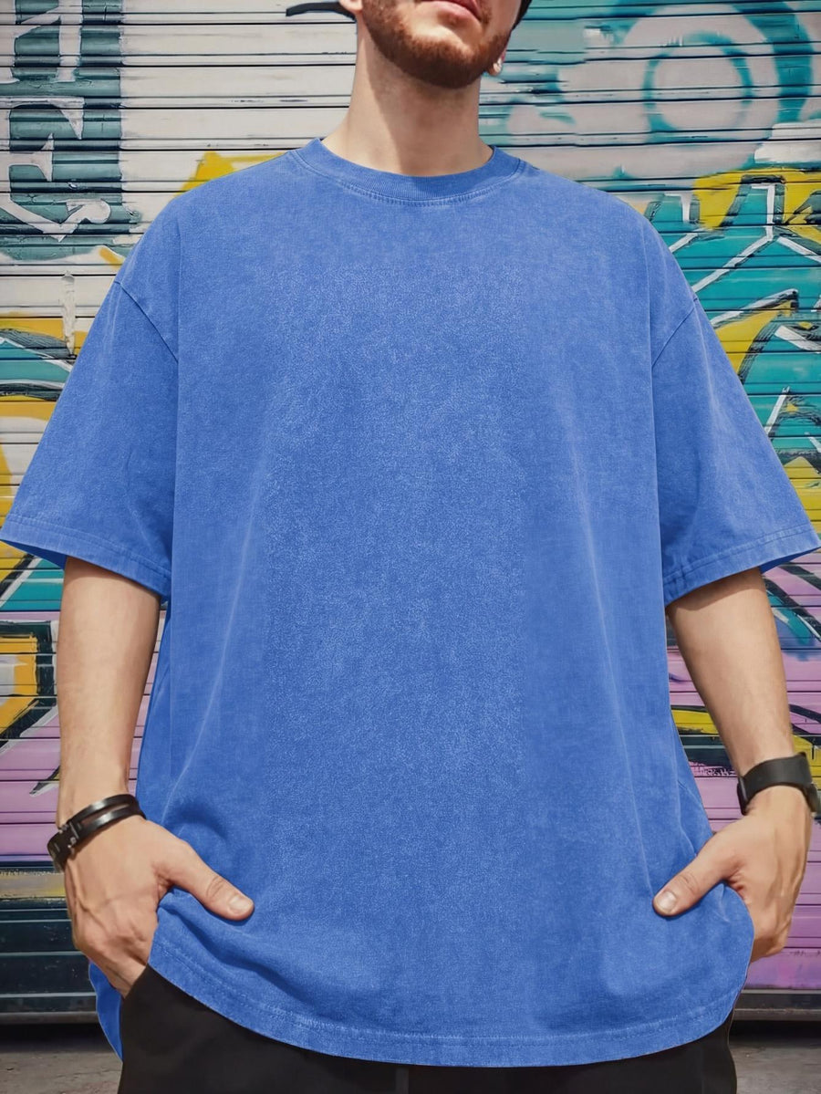 Relaxed Fit Distressed T-Shirt - Made from 100%, Heavyweight Vintage Washed Tee, Unisex Premium Quality Shirt - Royal Blue
