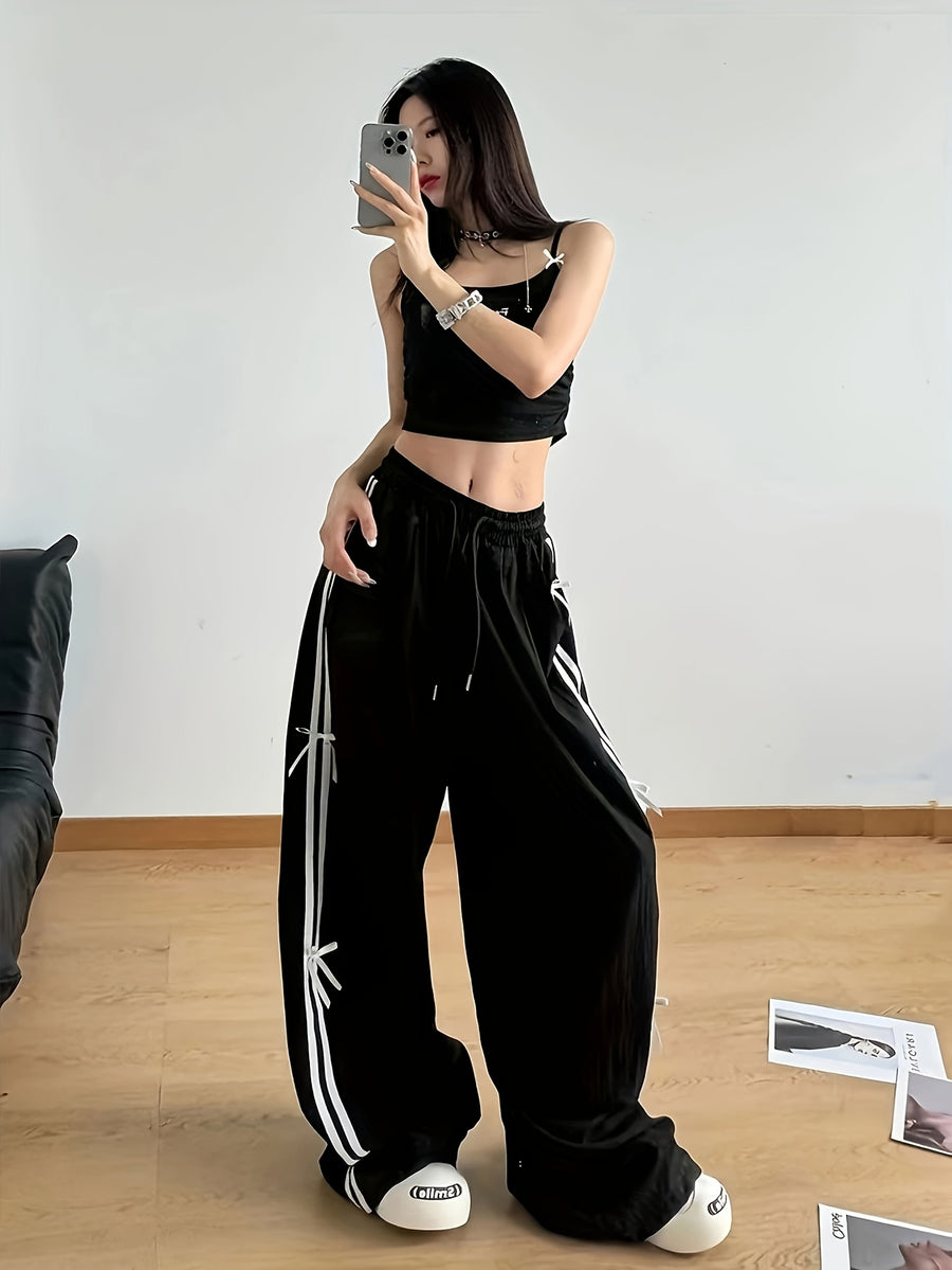 American-Style Women'S Pants with Two Side Stripes, Bow Tie Drawstring, Large Pockets, And Loose Fit for Casual Wear - Made of Black - Black