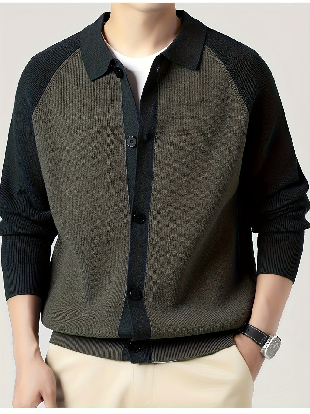 New High-Quality Lapel Button Knit Cardigan, Loose Fit, Fashionable Casual Color-Block Men's Wear, Stylish and Handsome Wool-Blend Warm Top, Autumn/Winter Men's Sweater Jacket K523 - Dark Gray