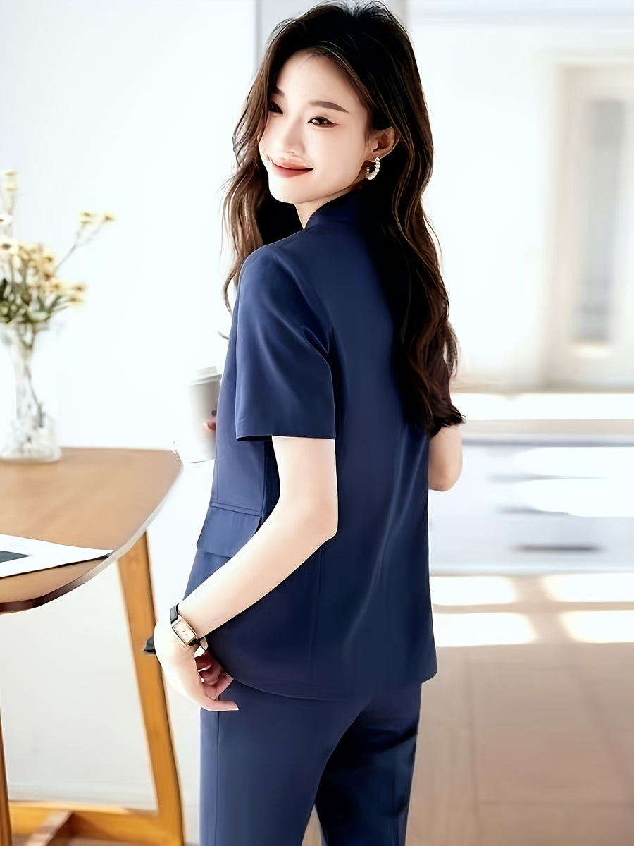 Summer Blazer with Double-Breasted Button Design, Korean-Style Elegant Look, Breathable Chiffon Fabric, and Figure-Flattering, Versatile Top for Commuting and Dating - Navy Color