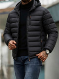 Autumn/Winter Men's Lightweight Zipper Hooded Jacket, Windproof and Warm Outdoor Hiking Travel Casual Jacket, Business Casual Short Padded Coat, Winter Inner Layer Top - Black