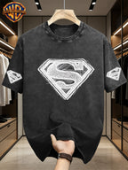 Superman Logo Hand Drawn Sketch Print T-Shirt for Men with A Niche Design Sense, Superhero Anime Peripheral Top - Black
