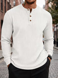 1pc Men'S Jacquard Long Sleeve Henley Shirt Solid Striped Textured Fabric with Stretch Street Style Casual Top for Autumn Winter Fashion White Matchable Pullover Base Layer - White
