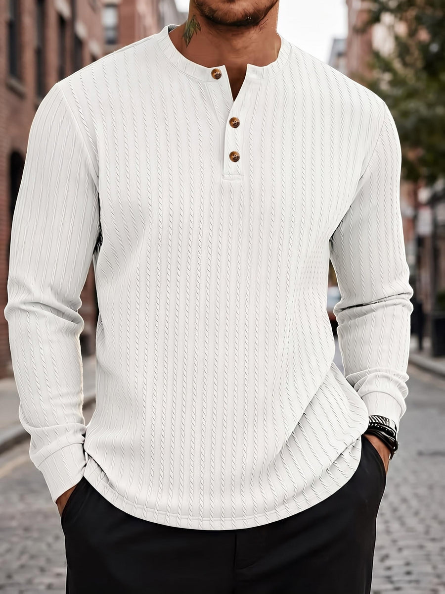 1pc Men'S Jacquard Long Sleeve Henley Shirt Solid Striped Textured Fabric with Stretch Street Style Casual Top for Autumn Winter Fashion White Matchable Pullover Base Layer - White