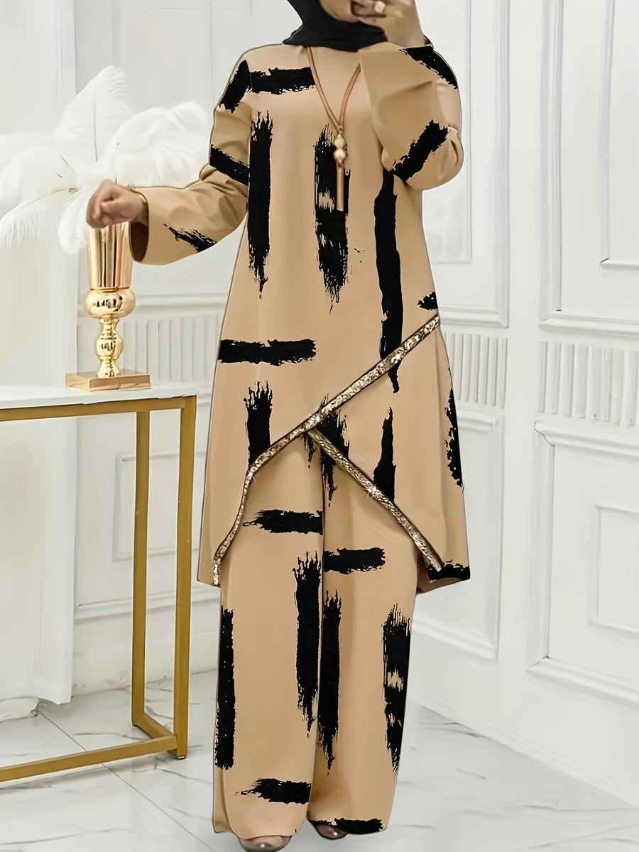 Women'S Elegant Shirt Wide-Leg Pants Set, with Beaded Necklace, Long-Sleeved Design, Loose Trouser Legs, Suitable for Formal Occasions, Suitable for All 4 Seasons, Formal Wear, Elegant Abaya, Fiber Fabric - Apricot Strips