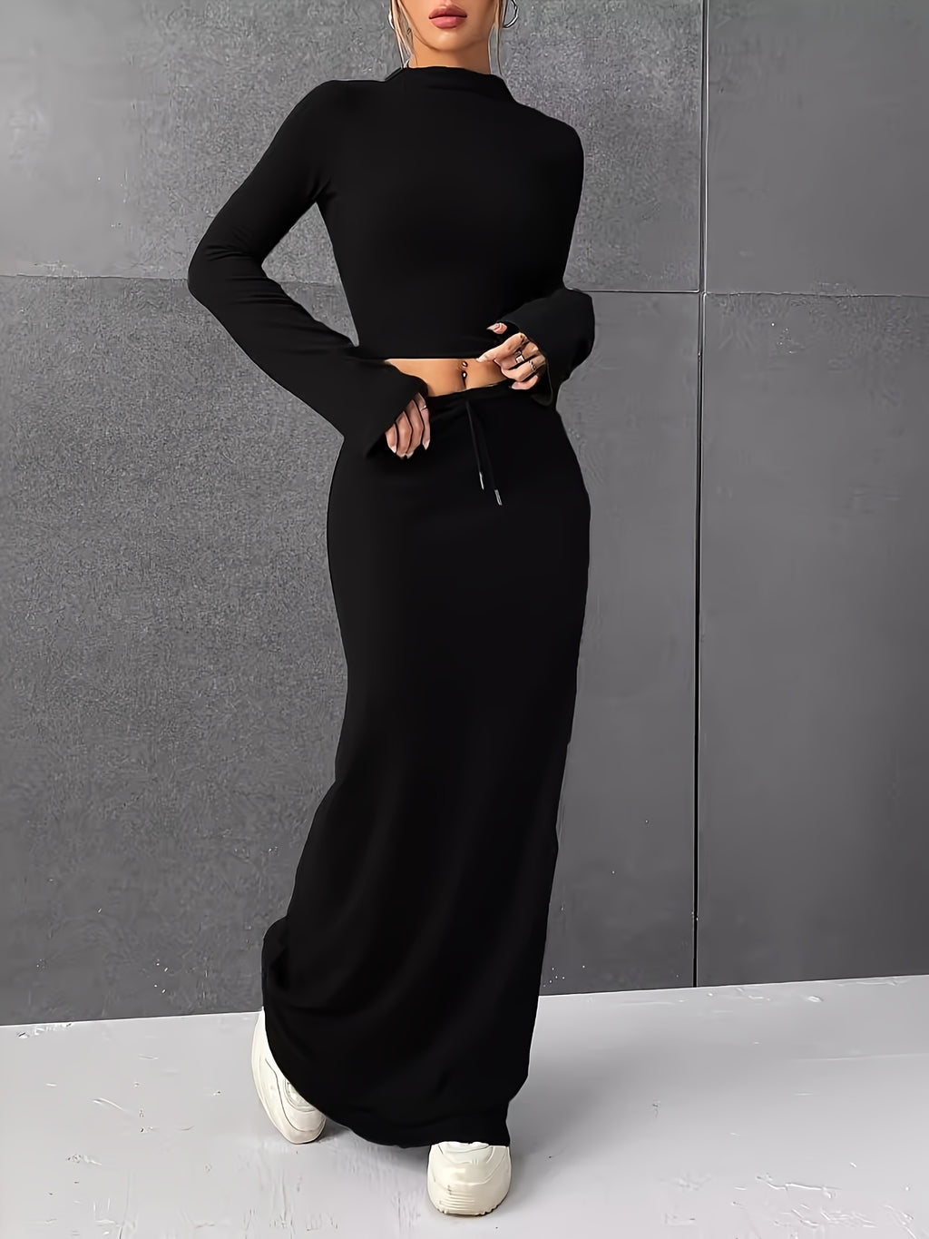 Spring and Autumn Solid Color Half Skirt Long Sleeve Top, Fashionable 2pcs Set for Women - Black