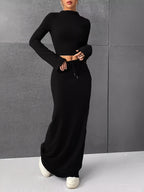 Spring and Autumn Solid Color Half Skirt Long Sleeve Top, Fashionable 2pcs Set for Women - Black