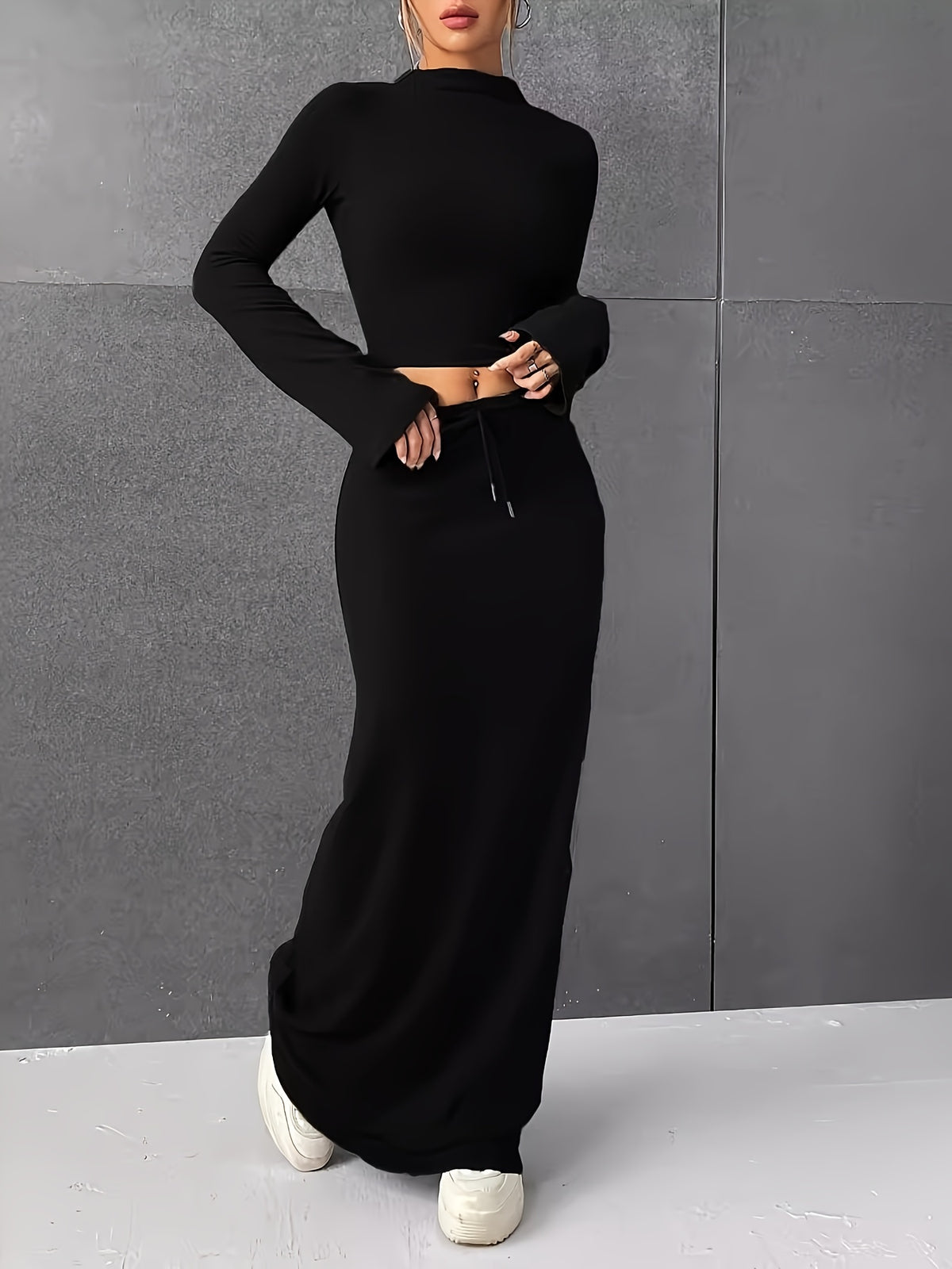 Spring and Autumn Solid Color Half Skirt Long Sleeve Top, Fashionable 2pcs Set for Women - Black