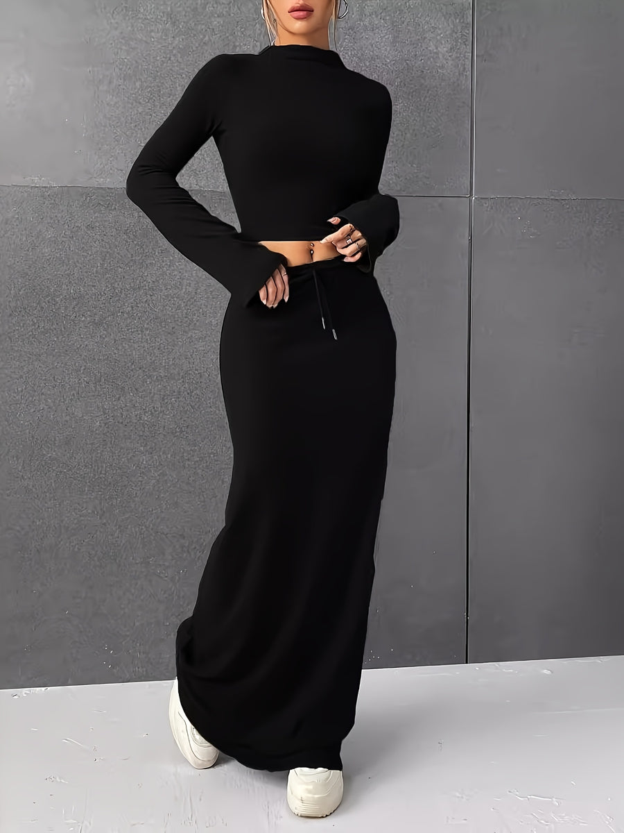 Spring and Autumn Solid Color Half Skirt Long Sleeve Top, Fashionable 2pcs Set for Women - Black
