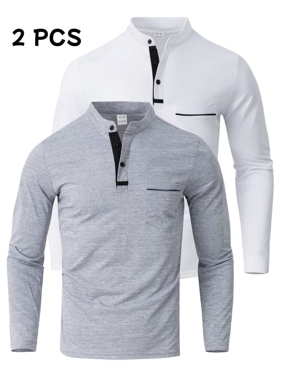 [JOSHIMAI OBM] 2pcs Men'S Long Sleeve Henley Shirts, Soft Comfortable Stretch Fabric, Lightweight Breathable Easy Care, Stand Collar 3-Button Placket Design, Contrast Color Placket And Pocket Details, Suitable for Office Commute, Business Casual - Light Grey+White