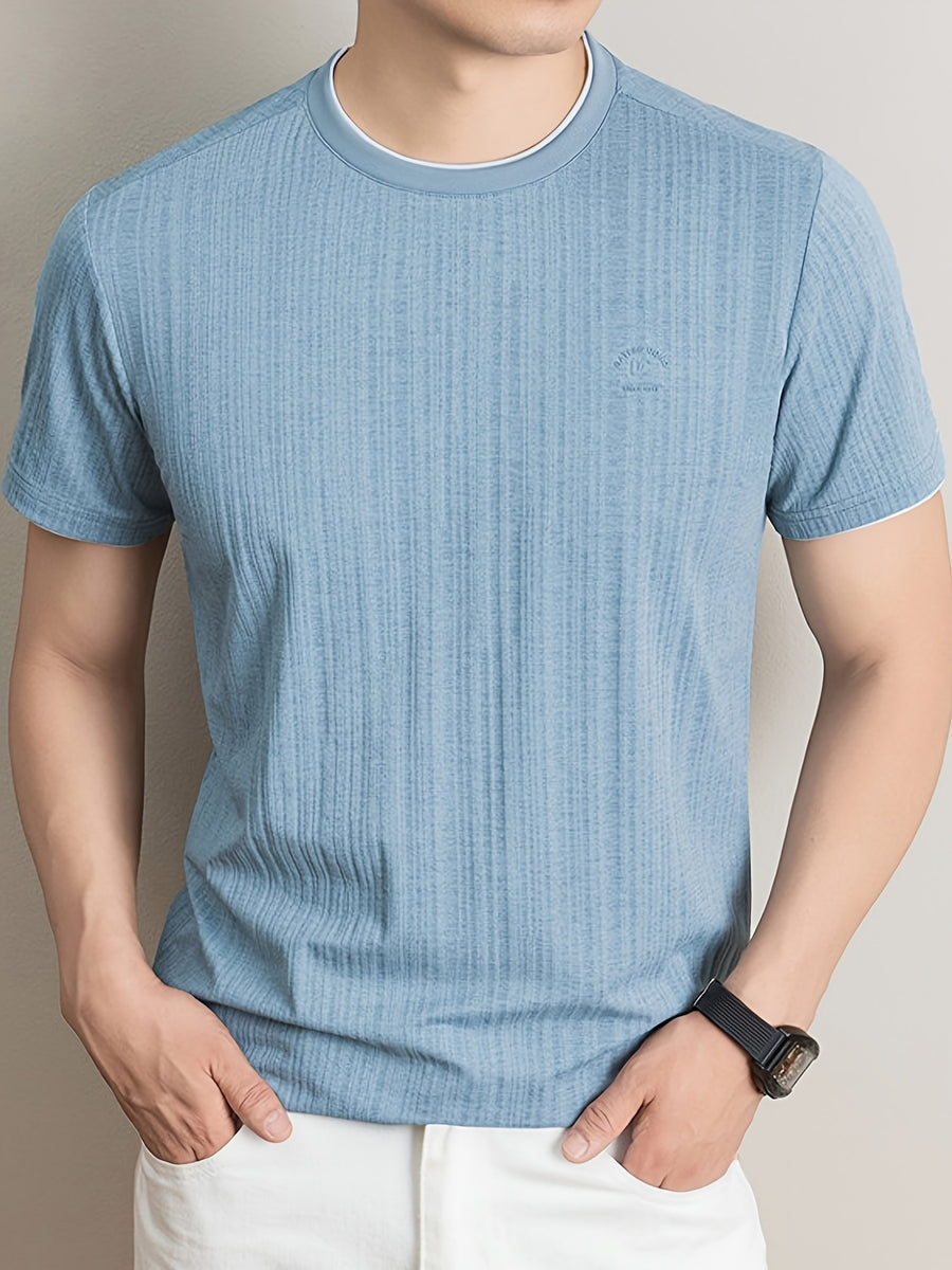 Summer New Men'S T-Shirt, Fashionable Trendy Faux Two-Piece Round Neck Short Sleeve T-Shirt for Men, Business Casual Mid-Age Men'S Solid Color Top, Suitable for Daily Work Scenarios, Men'S Gift - Light Blue