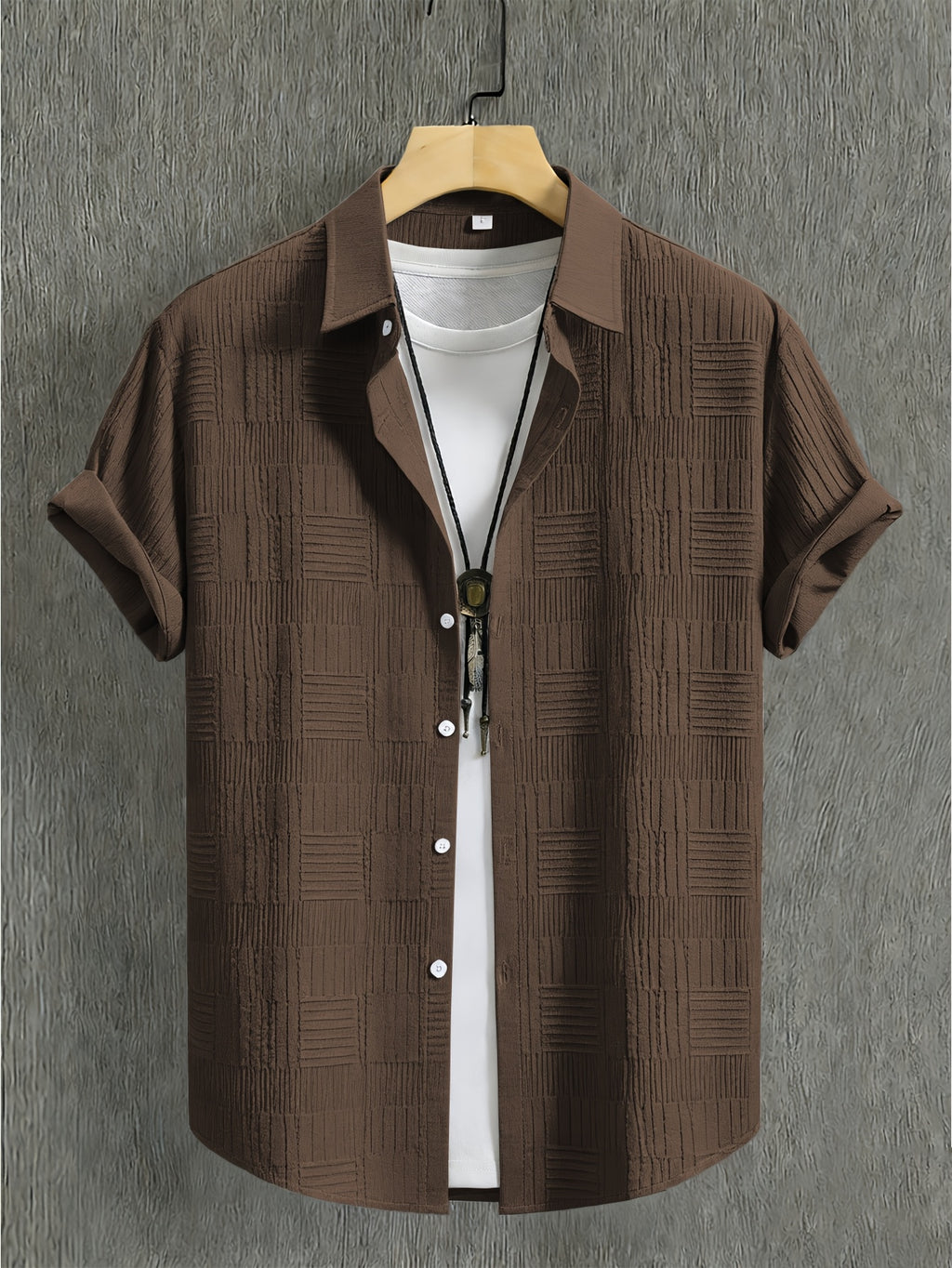 Men'S 3pcs Textured Short Sleeve Shirt Set - Pearl White, Gray-Brown And Black, Casual Vacation Wear - Pearl White+Gray Brown+Black