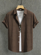 Men'S 3pcs Textured Short Sleeve Shirt Set - Pearl White, Gray-Brown And Black, Casual Vacation Wear - Pearl White+Gray Brown+Black