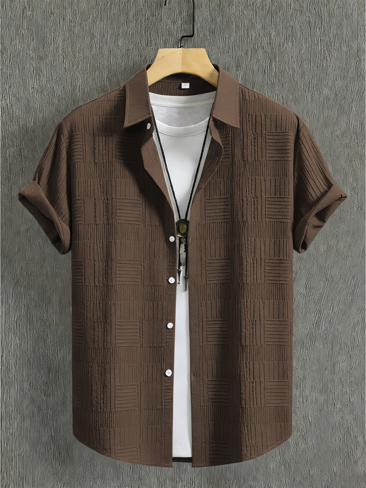 Men'S 3pcs Textured Short Sleeve Shirt Set - Pearl White, Gray-Brown And Black, Casual Vacation Wear - Pearl White+Gray Brown+Black