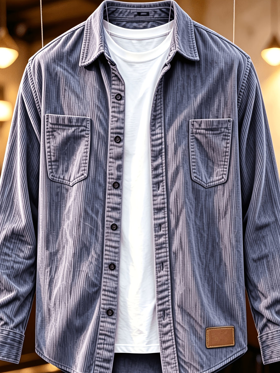 Men'S Fashion Corduroy Solid Color Lapel Shirt, Pocket Embellished Casual Open Front Blouse Men'S Top Shirt - Royal Blue