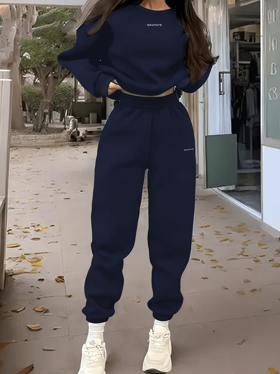 Spring And Autumn Women'S Fashion Casual Athletic Loose Sweatshirt Pants Set Embroidery Letter Design Indoor Outdoor Wear Clothing Sweatshirt Women - Navy Color
