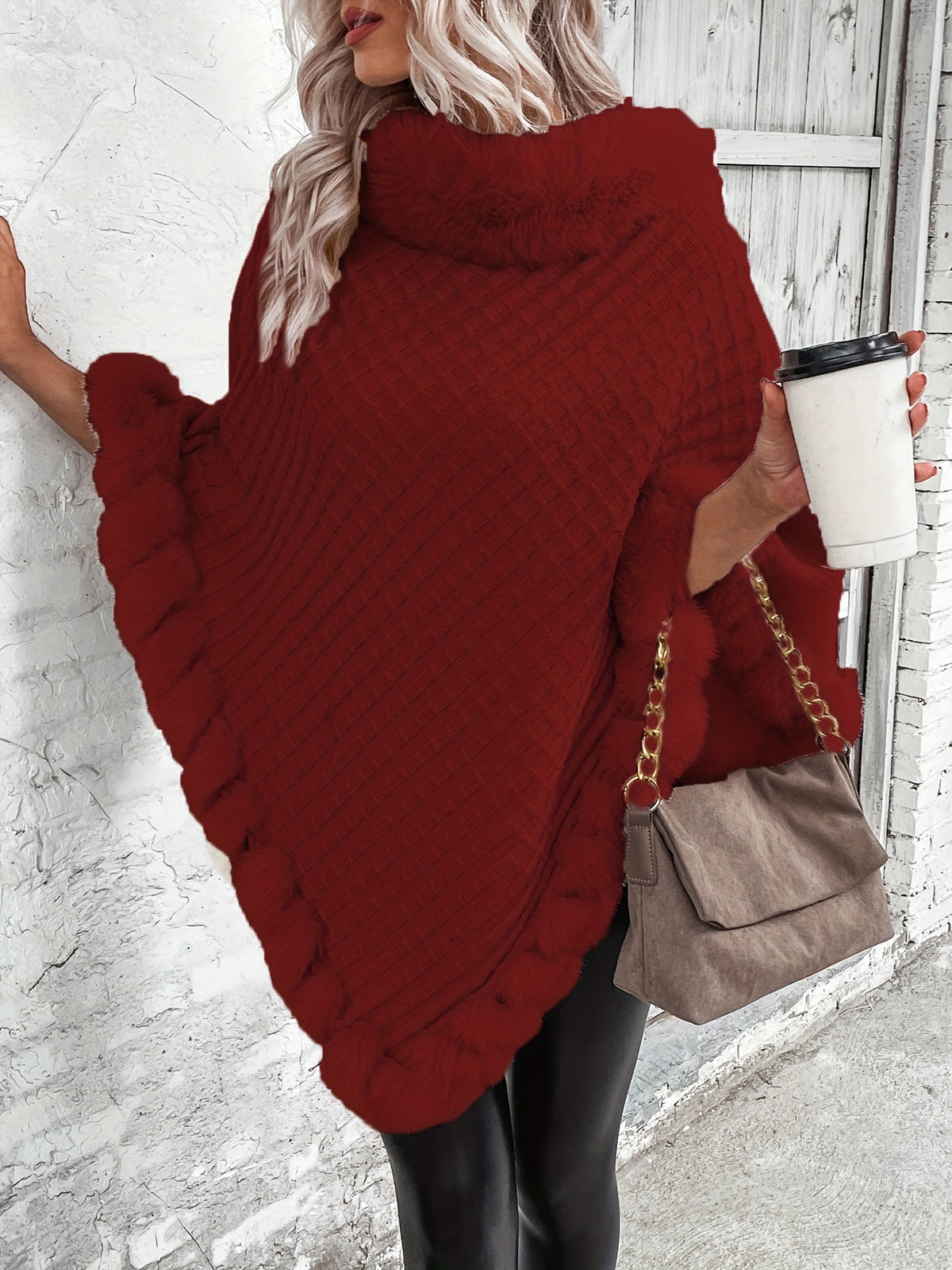 Women'S Elegant Faux Fur Collar Cape Coat - Soft Winter Coat with Plush Fur Trim, All-Season Chic Outerwear for Everyday & Formal Events - Burgundy