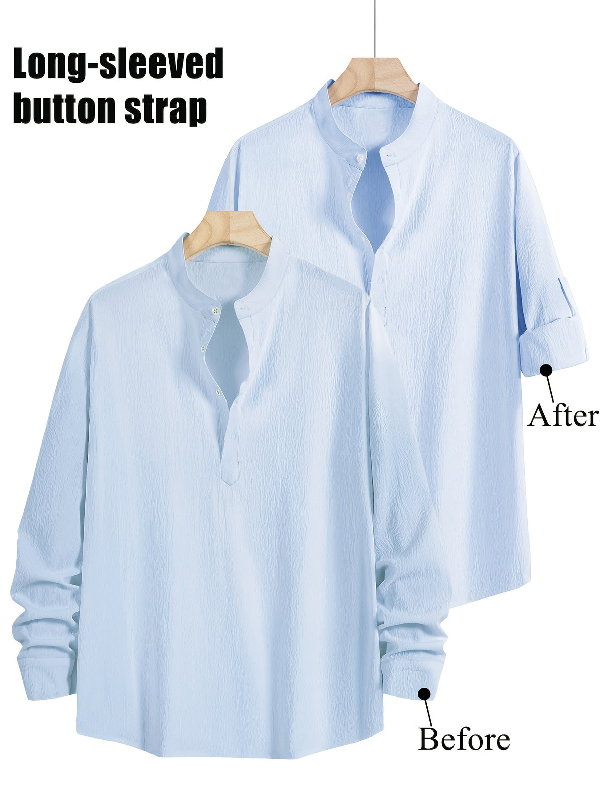 3pcs Men's Textured Slim-Fit Vacation Shirts - Long Sleeve & Short Sleeve Multi-pc, Stand Collar Button- Cuff Shirt Convertible to Short Sleeve, Breathable All-Season Hawaiian Casual Shirt Lightweight, Fashionable Minimalist for Beach Travel Vacation - Sky Blue + Khaki + White