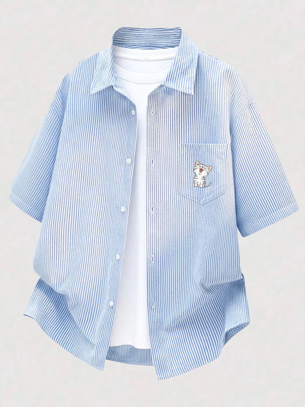 Summer Fashion New Fun Cartoon Healing Style Pocket Print Short Sleeve Thin Striped Lapel Casual Loose Shirt - Light Blue