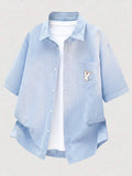 Summer Fashion New Fun Cartoon Healing Style Pocket Print Short Sleeve Thin Striped Lapel Casual Loose Shirt - Light Blue