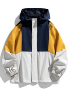 Men's Color Block Patchwork Long Sleeve Zip-Front Casual Hooded Jacket, Suitable for Autumn and Winter - Yellow