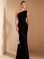 Spring/Summer New Elegant Women's Asymmetrical Neckline Off-Shoulder Long Sleeve Dress, Suitable for Casual, Dating, Club, Party, Christmas, Backless, Wedding Dress - Black