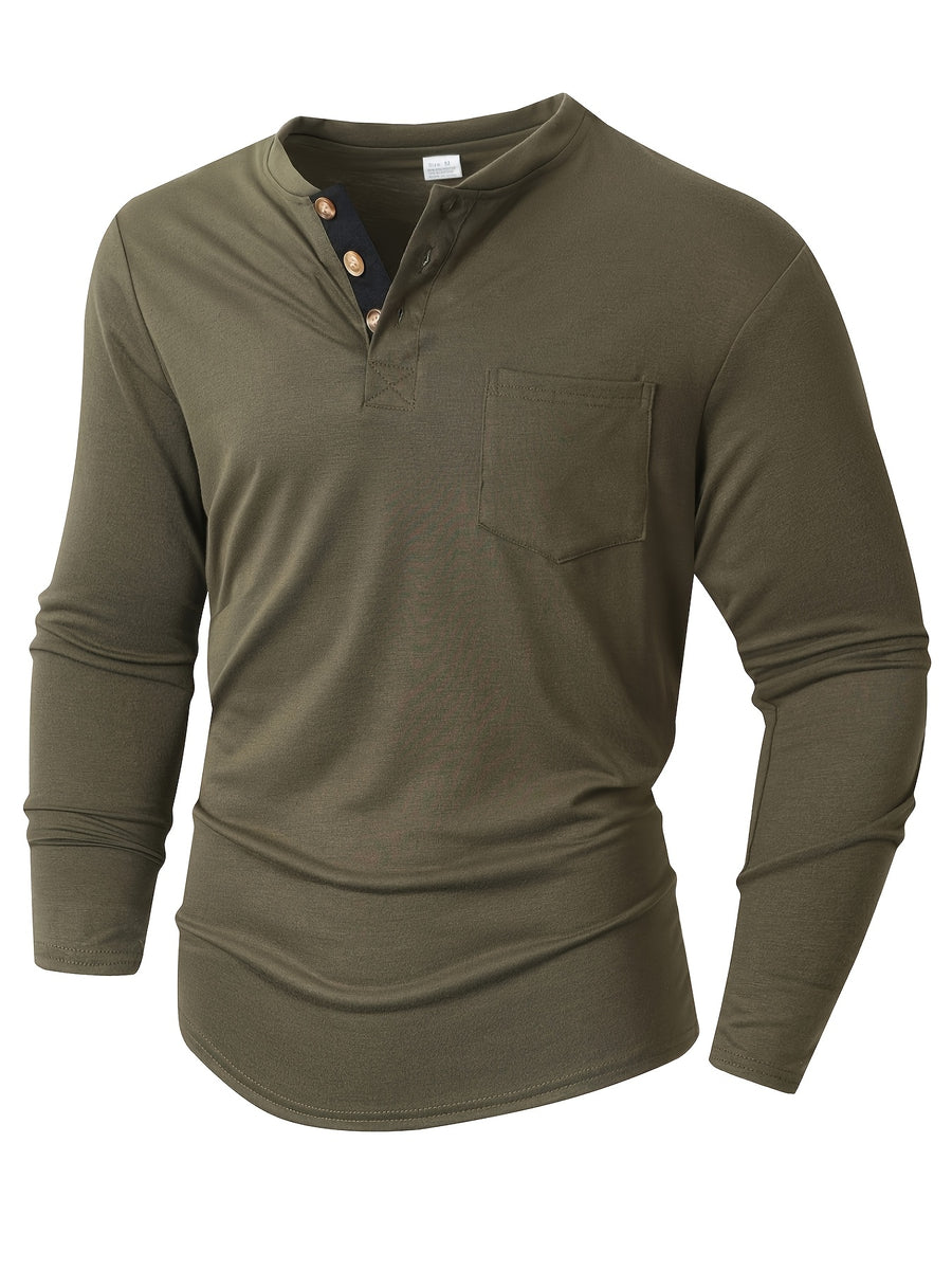 KJ-P026 Plus Size Men'S Summer Henley Long Sleeve Athletic Fitness Multicolor Base Layer T-Shirt - Military Green