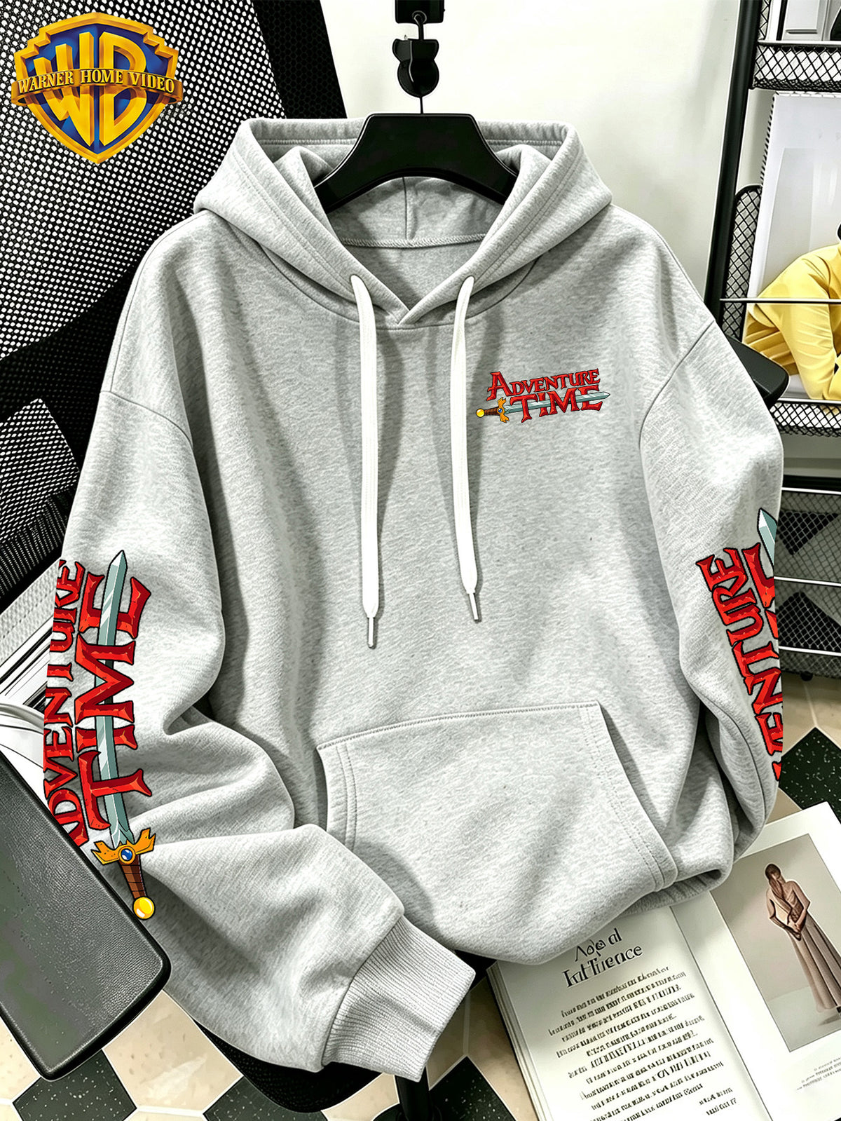 Warner Bros Official Adventure Time Q-Style Multi-Character Patchwork Cartoon Print Hooded Sweatshirt - Men's Casual Versatile Sweatshirt, Comfortable Autumn/Winter Wear, Ideal for Sports, Outdoors, Outings, Travel, and Daily/Commute/Home Use - Light Grey