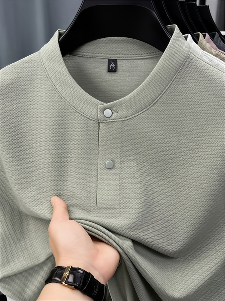 Men'S Henley Shirt Summer New Style, Solid Color Round Neck Top, Half-Button Placket, Button Closure Design, Layering with Thin Jacket, Versatile for Business Office, Golf Sports, Casual Outings, Short Trips, Father'S Day Gift, Men'S Gift - Green