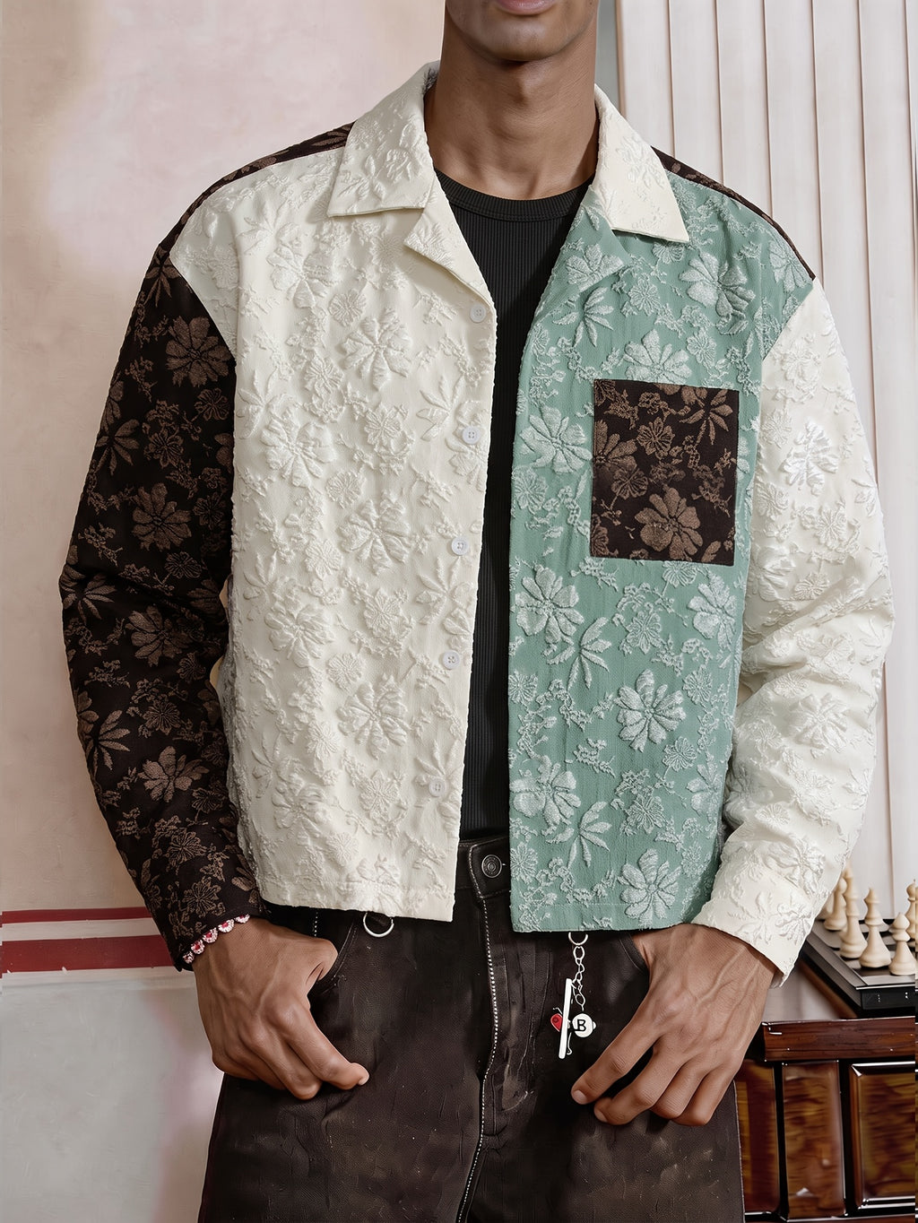 Men'S Shirt Contrast Color Patchwork Jacquard Fabric Trendy Fashion Casual Street New Short Length Spring Autumn Men'S Casual Shirt - Coffee Color