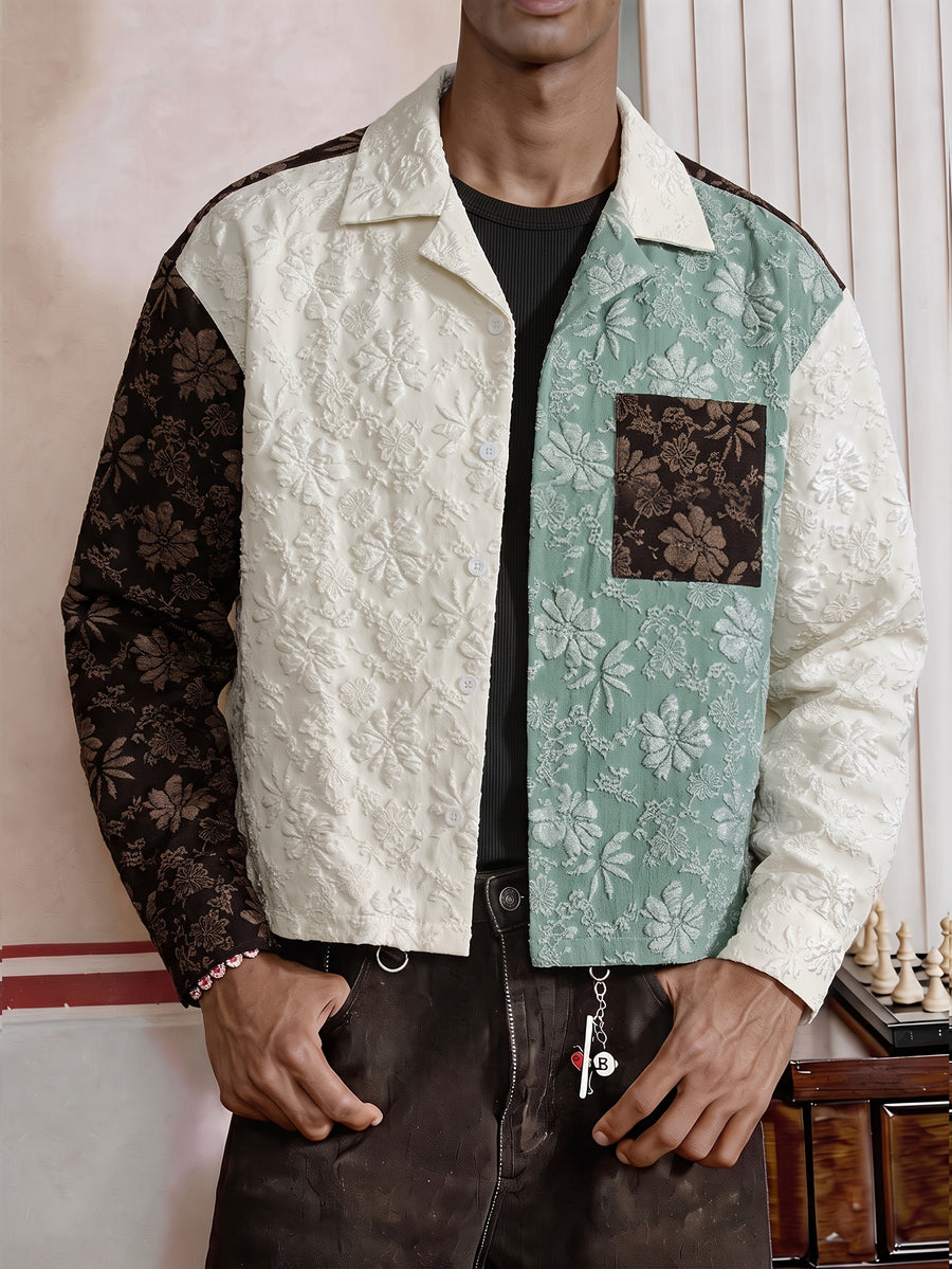 Men'S Shirt Contrast Color Patchwork Jacquard Fabric Trendy Fashion Casual Street New Short Length Spring Autumn Men'S Casual Shirt - Coffee Color