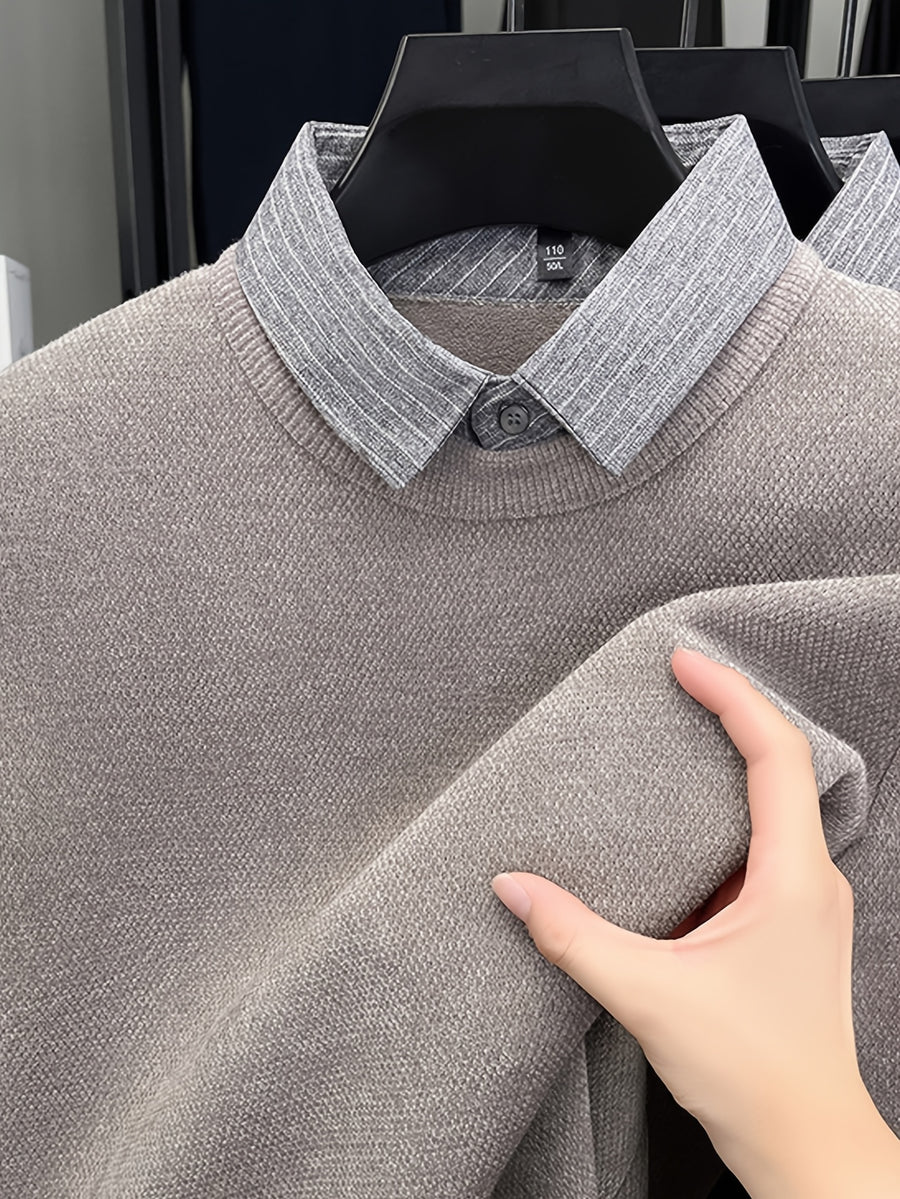 Men'S Faux Two-Piece Shirt Collar Knit Sweater, Commute Style Instant Shape, No Extra Prints, Texture-Driven Quality, Business Casual Dual Compatibility - SINBOS - Off-white