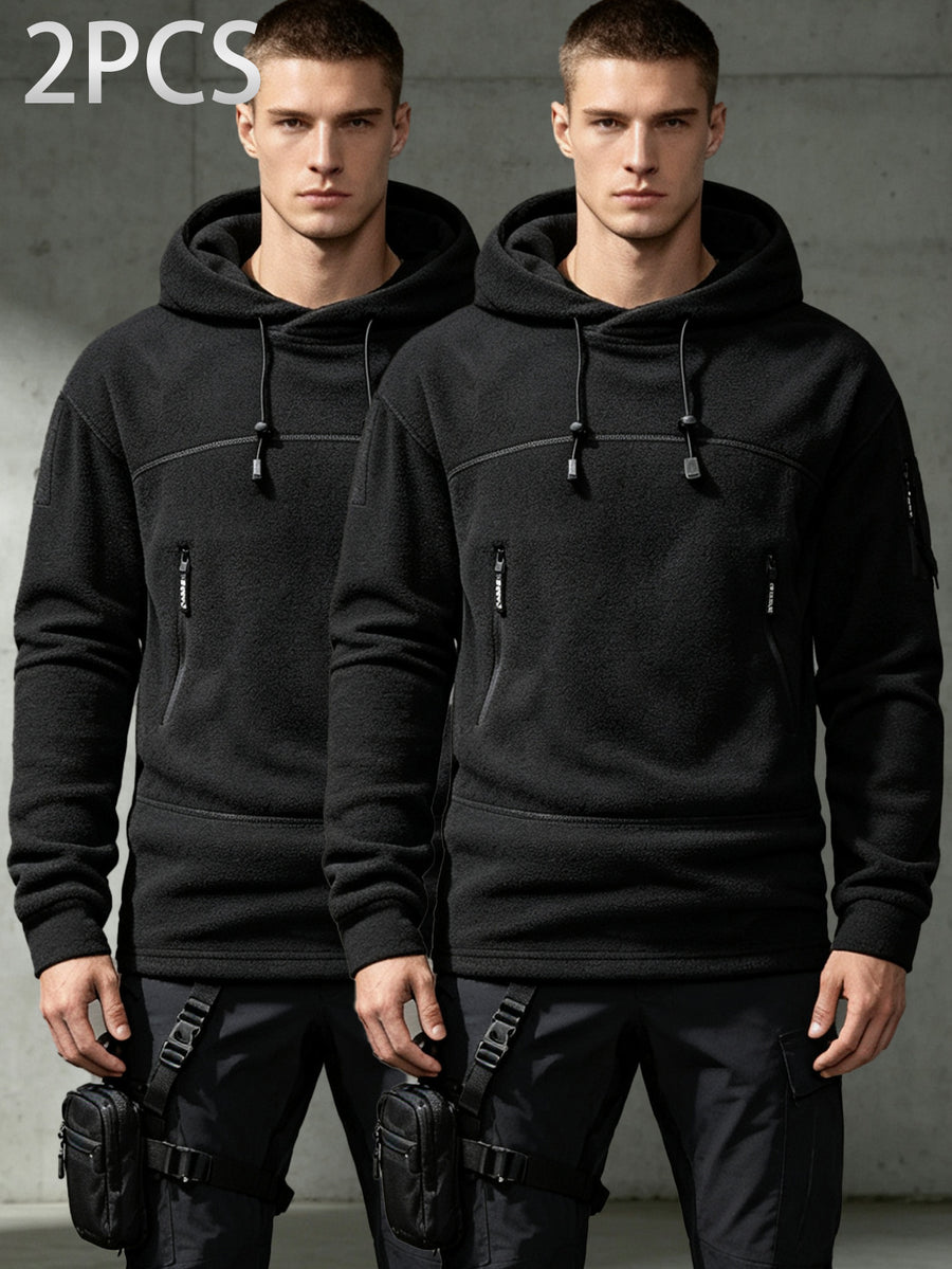 2pcs Men's Tactical Fleece Hoodie, Drawstring Zip Pockets Warm Fuzzy Pullover Hooded Sweatshirt, for Outdoor Hiking Daily Fall Winter Wear - Black