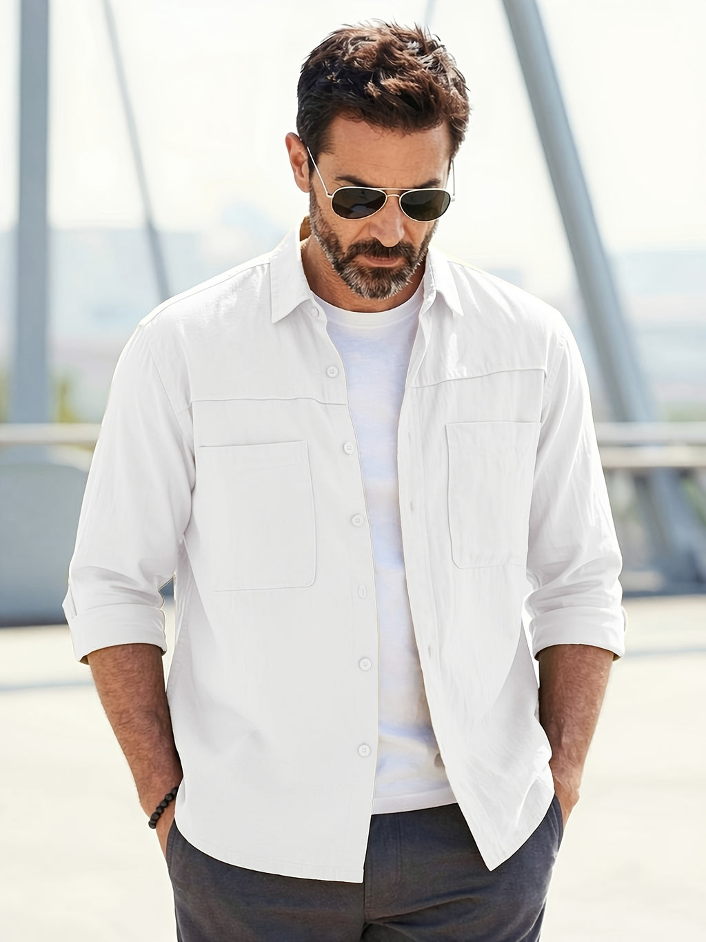 Men's Solid-color Work Shirt with Double Pockets, Lapel Long-sleeve Button-up Shirt, Loose Plus-size Casual Jacket Shirt, Loose-fit Basic Daily Top for Daily Wear and Outdoor Activities - White