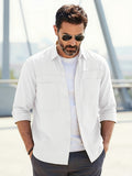 Men's Solid-color Work Shirt with Double Pockets, Lapel Long-sleeve Button-up Shirt, Loose Plus-size Casual Jacket Shirt, Loose-fit Basic Daily Top for Daily Wear and Outdoor Activities - White