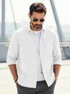 Men's Solid-color Work Shirt with Double Pockets, Lapel Long-sleeve Button-up Shirt, Loose Plus-size Casual Jacket Shirt, Loose-fit Basic Daily Top for Daily Wear and Outdoor Activities - White