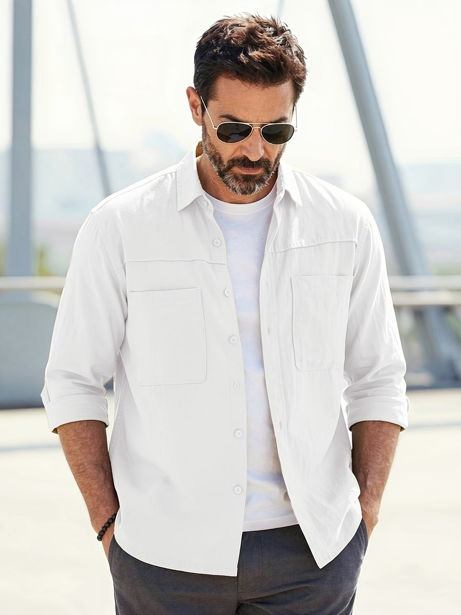 Men's Solid-color Work Shirt with Double Pockets, Lapel Long-sleeve Button-up Shirt, Loose Plus-size Casual Jacket Shirt, Loose-fit Basic Daily Top for Daily Wear and Outdoor Activities - White