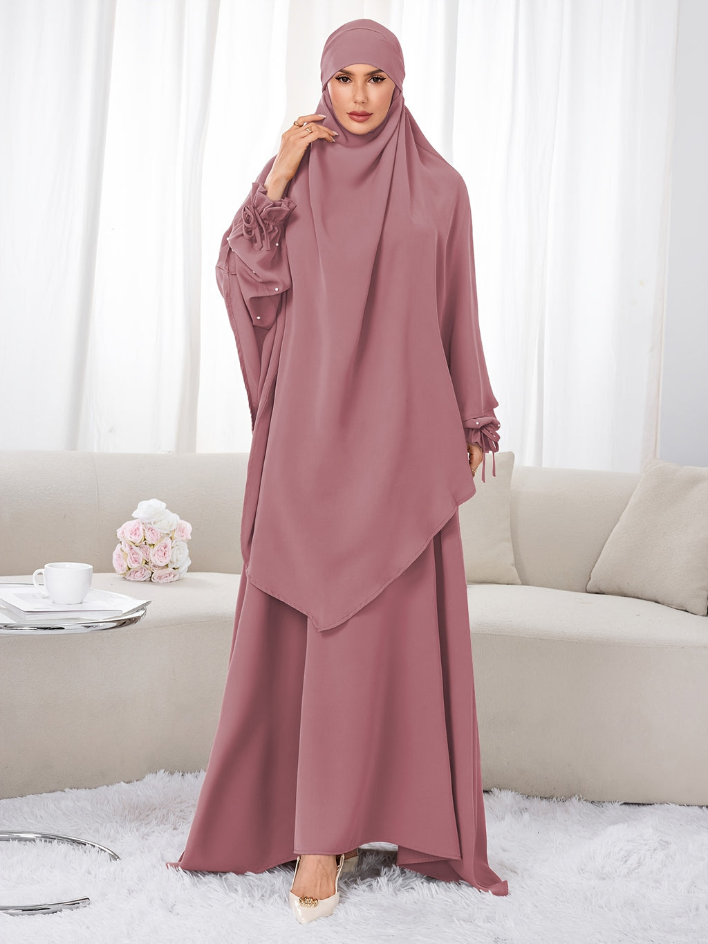Women's 2pcs Modest Islamic Abaya & Khimar Suit - Elegant Full Coverage Prayer Dress with Headscarf, Pure Color Muslim Dress Suitable for Daily Wear, Hajj, Ramadan, Travel - Abaya Robe for Muslim Women - Pale Pinkish Gray