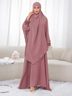 Women's 2pcs Modest Islamic Abaya & Khimar Suit - Elegant Full Coverage Prayer Dress with Headscarf, Pure Color Muslim Dress Suitable for Daily Wear, Hajj, Ramadan, Travel - Abaya Robe for Muslim Women - Pale Pinkish Gray