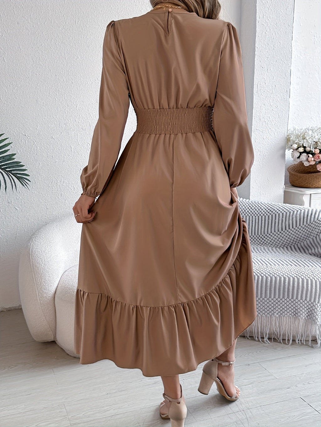 Autumn-Winter Elegant Solid Color Round Neck Long Sleeve Waist-Gathered Ruffle Hem Maxi Dress - Khaki