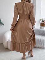 Autumn-Winter Elegant Solid Color Round Neck Long Sleeve Waist-Gathered Ruffle Hem Maxi Dress - Khaki
