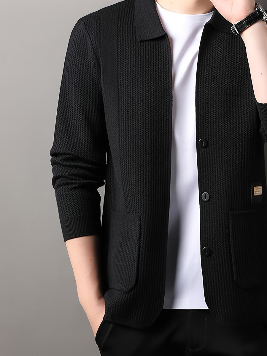 Men's Lapel Vertical Stripe Knit Cardigan Jacket, featuring a light business style with a mature and steady vibe, yet incorporating a sense of casualness. Flattering on all body types, suitable for men - SINBOS - Black