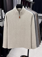 1pc Du Jing Lan OBM Men's Half-Zip Sweater - Solid Color Ribbed Knit Pullover with Stand Collar, Half-Zip Front Suitable for Layering, Business Casual & Outdoor Wear, Long Sleeve for Golf, Basketball, Daily Layering ( Autumn/Winter New Arrival) - Beige Apricot