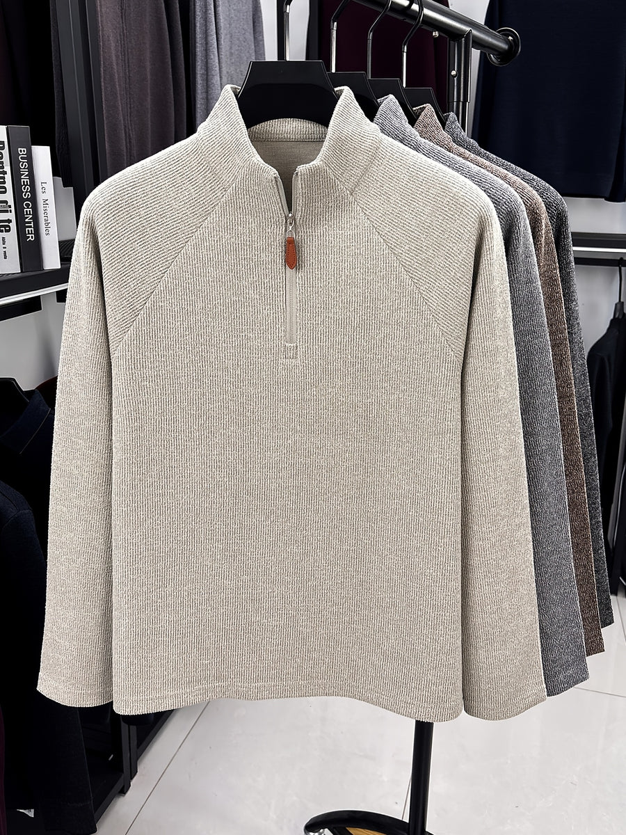 1pc Du Jing Lan OBM Men's Half-Zip Sweater - Solid Color Ribbed Knit Pullover with Stand Collar, Half-Zip Front Suitable for Layering, Business Casual & Outdoor Wear, Long Sleeve for Golf, Basketball, Daily Layering ( Autumn/Winter New Arrival) - Beige Apricot