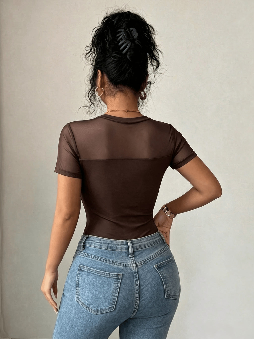 Sexy Mesh Cutout Fitted Short Sleeve Bodysuit, Women'S Casual Street Style - Coffee Color