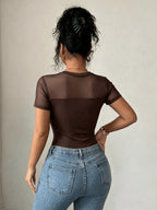 Sexy Mesh Cutout Fitted Short Sleeve Bodysuit, Women'S Casual Street Style - Coffee Color