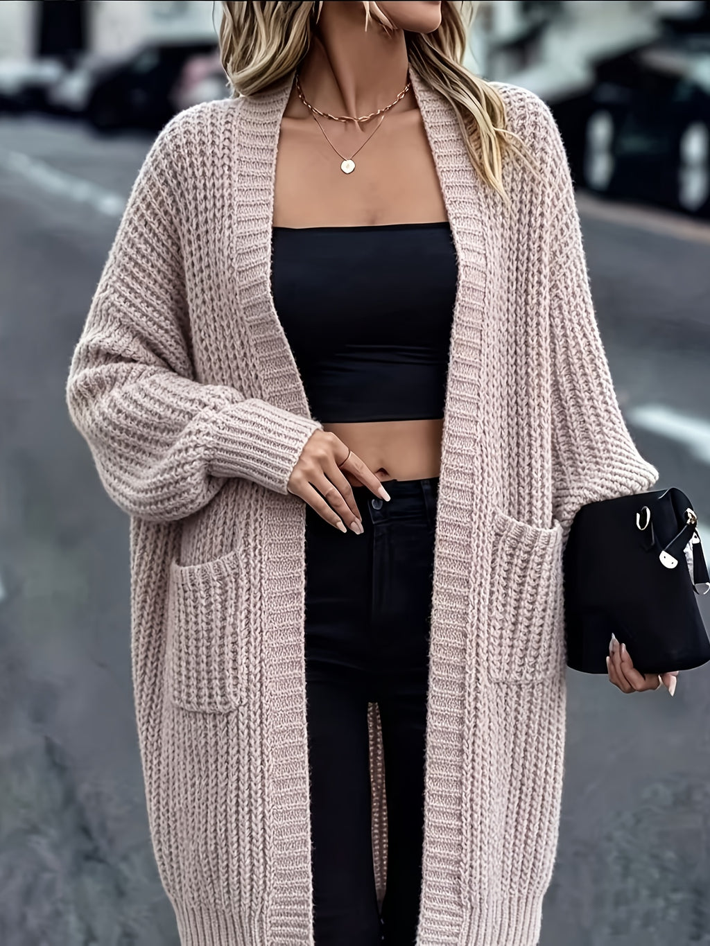 Lazy Style Thick Long Cardigan for Women, Loose with Pockets Long Sleeve Sweater Jacket, Fall Winter Versatile Casual Outerwear Suitable for Fall Winter Commuting, Daily Shopping, Holiday Outings, New Year'S Parties And Festive Attire - Khaki Gray
