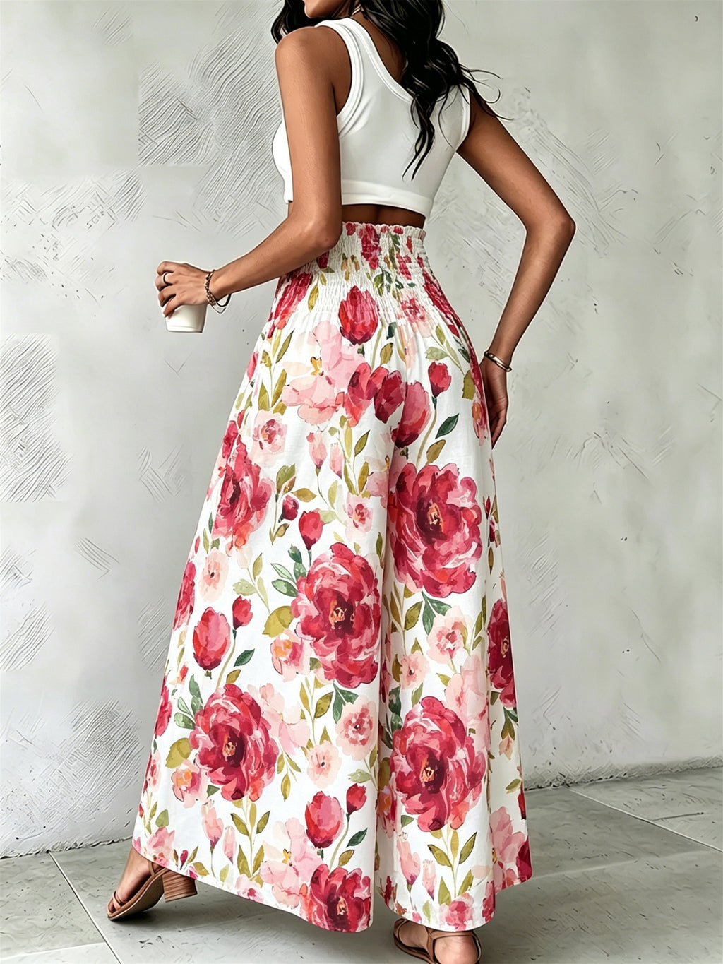 Women'S Floral Print Wide-Leg Pants High-Waist Ruched Waist Bohemian Style Long Trousers Flowy Vacation Pants - Multicolor 1